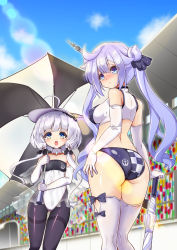 Rule 34 | 2girls, absurdres, aged up, ahoge, ass, azur lane, bare shoulders, bikini, bikini bottom only, black legwear, blue eyes, blush, breasts, cameltoe, cloud, commentary request, double bun, elbow gloves, from behind, gloves, gluteal fold, hair bun, hand on own hip, highres, impossible clothes, impossible shirt, kneepits, leotard, little illustrious (azur lane), long hair, looking back, low twintails, multiple girls, open mouth, outdoors, pantyhose, purple hair, race queen, raranokusu, ribbon, role reversal, shirt, sideboob, silver hair, single hair bun, sky, smile, sports bikini, sports bra, strapless, strapless leotard, swimsuit, thigh gap, thighband pantyhose, thighhighs, thighs, twintails, umbrella, unicorn (azur lane), visor cap, white gloves, white legwear, white leotard