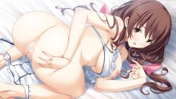 Rule 34 | 1girl, all fours, ass, ass grab, bed, bikini, blush, breasts, brown eyes, brown hair, censored, game cg, hair ornament, hotch kiss, large breasts, long hair, looking back, mikoto akemi, nipples, presenting, pussy, smile, solo, sweat, swimsuit, wet