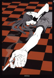 Rule 34 | 1boy, absurdres, badou nails, checkered floor, cigarette, copyright name, dogs: bullets &amp; carnage, eyepatch, foreshortening, highres, holding, holding cigarette, long hair, lying, male focus, miwa shirow, on back, smoke, smoking, solo