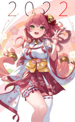 Rule 34 | 1girl, 2022, :d, absurdres, ahoge, bare shoulders, bell, blush, breasts, floral print, frills, green eyes, hair bell, hair ornament, hairclip, highres, hololive, japanese clothes, long hair, looking at viewer, miko, open mouth, pink hair, pondel, sakura miko, sakura miko (1st costume), single thighhigh, smile, solo, thigh strap, thighhighs, v, virtual youtuber, white thighhighs