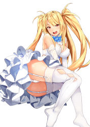 Rule 34 | 1girl, ass, bare shoulders, blonde hair, blue flower, blue rose, breasts, buck teeth, cleavage, covered erect nipples, detached collar, dress, elbow gloves, flower, flower collar, frilled dress, frills, garter straps, gloves, highres, large breasts, long hair, looking at viewer, lying, on side, open mouth, original, panties, pantyshot, rainmaker, red eyes, rose, simple background, smile, solo, strapless, strapless dress, teeth, thighhighs, tongue, underwear, white background, white dress, white gloves, white panties, white thighhighs