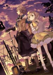Rule 34 | 1boy, 1girl, atelier (series), atelier escha &amp; logy, awin sidelet, black pants, blonde hair, blue shirt, boots, brown gloves, brown hair, brown vest, cloud, collared shirt, detached sleeves, dress, evening, gloves, goggles, goggles around neck, hat, highres, holding, holding paper, karasumi (aiseec), lucille ernella, open mouth, outdoors, pants, paper, puffy pants, shirt, shoes, short hair, sky, smile, socks, vest, white socks, yellow dress, yellow eyes