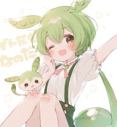 Rule 34 | 1girl, artist name, bandaid, bandaid on leg, blush, buttons, creature and personification, edamame, green hair, green suspenders, hand up, highres, m ypypy, open mouth, puffy short sleeves, puffy sleeves, shirt, short sleeves, sitting, suspenders, voicevox, white shirt, yellow eyes, zundamon