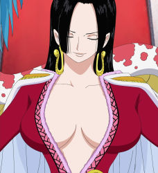 Rule 34 | 1girl, amazon lily, amazon warrior, black hair, boa hancock, breasts, closed eyes, earrings, female focus, gradient background, highres, jewelry, one piece, screencap, solo, stitched, third-party edit, upper body