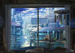 Rule 34 | 2019, artist name, blurry, bowl, building, chopsticks, city, cityscape, cloud, commentary, curtains, depth of field, graphite (medium), highres, indoors, k kanehira, laundry, mechanical pencil, monitor, no humans, original, pencil, pillow, scenery, shirt, signature, sky, skyscraper, socks, stairs, table, traditional media, window