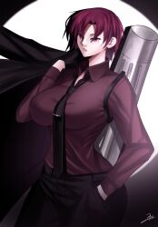 Rule 34 | 1girl, absurdres, bazett fraga mcremitz, black gloves, black jacket, black necktie, black pants, breasts, collared shirt, dress shirt, fate/grand order, fate/hollow ataraxia, fate (series), gloves, highres, jacket, large breasts, long sleeves, looking at viewer, mole, mole under eye, necktie, pants, parted bangs, red eyes, red hair, red shirt, shirt, short hair, zinfian