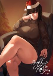 Rule 34 | 1girl, barista, black hair, blunt bangs, breasts, brown sweater, chair, christmas, christmas tree, closed mouth, commentary, crossed legs, english commentary, hand on own cheek, hand on own face, happy holidays, hat, highres, hime cut, large breasts, long hair, looking back, lynus, naoko-san, original, santa hat, sitting, sweater, thick thighs, thighs, turtleneck, turtleneck sweater