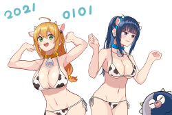 Rule 34 | 2021, 2girls, absurdres, ahoge, animal collar, animal ears, animal print, arms up, bell, bikini, blonde hair, blue collar, blue eyes, blue hair, blunt bangs, blush, breasts, chinese zodiac, cleavage, collar, cow ears, cow horns, cow print, dated, fake animal ears, fake horns, frown, glaring, green eyes, grimace, groin, halterneck, highres, horns, large breasts, long hair, low-tied long hair, multiple girls, navel, neck bell, new year, open mouth, original, petoka, pig, ponytail, print bikini, side-tie bikini bottom, sidelocks, simple background, smile, sweatdrop, swimsuit, w arms, white background, white bikini, year of the ox, yellow collar