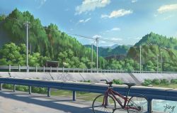 Rule 34 | artist name, bicycle, blue sky, bus stop, bush, cloud, commentary, day, forest, jing (jiunn1985matw), mountain, nature, no humans, original, outdoors, power lines, railing, river, road, road sign, scenery, shadow, sign, signature, sky, stairs, tree, water