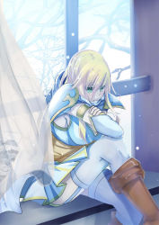 Rule 34 | 1girl, ashe (league of legends), bad id, bad pixiv id, blonde hair, blue eyes, breasts, head rest, cleavage, garter straps, hood, indoors, large breasts, league of legends, long hair, miniskirt, sitting, skirt, thighhighs, vococo, window