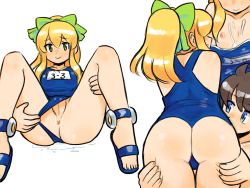 Rule 34 | anus, ass grab, breasts, cleft of venus, cum, cum on body, cum on upper body, highres, looking at viewer, lying, mega man (character), mega man (classic), mega man (series), mega man x (series), mega man x dive, pie (aipiepo), pussy, roll (mega man), school swimsuit, small breasts, swimsuit, uncensored