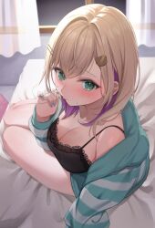 Rule 34 | 0707 una, 1girl, absurdres, bare shoulders, bed, black camisole, blonde hair, blue nails, blush, breasts, camisole, cleavage, colored inner hair, commentary request, curtains, green eyes, green jacket, hair ornament, twirling hair, hairclip, highres, hood, hooded jacket, jacket, jewelry, kurumi noah, lace-trimmed camisole, lace trim, large breasts, looking at viewer, looking back, medium hair, multicolored hair, off shoulder, on bed, open clothes, open jacket, purple hair, ring, sitting, solo, striped clothes, striped jacket, sweatdrop, thighs, virtual youtuber, vspo!, window