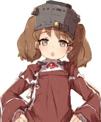 Rule 34 | 1girl, alchera, brown eyes, brown hair, commentary request, hands on own hips, head tilt, japanese clothes, kantai collection, kariginu, long hair, looking at viewer, magatama, one-hour drawing challenge, open mouth, red shirt, ryuujou (kancolle), shirt, simple background, solo, twintails, upper body, visor cap, white background
