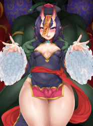 Rule 34 | 1boy, 1girl, beret, bob cut, breasts, chinese clothes, clothed female nude male, eyeshadow, fate/grand order, fate (series), grabbing, grinding, hat, hetero, highres, horns, jiangshi, katsura harufumi, lips, looking at viewer, makeup, medium breasts, nail polish, nude, ofuda, oni, outstretched arms, penis, purple eyes, purple hair, qingdai guanmao, shiny skin, short hair, shuten douji (fate), shuten douji (festival outfit) (fate), skin-covered horns, solo focus, standing, thigh sex, thighs, tongue, tongue out, zombie pose
