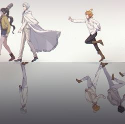 Rule 34 | 2boys, 2girls, ahoge, arms behind back, backpack, bag, barbara (yakusoku no neverland), black footwear, black hair, black pants, blouse, blurry, boots, brown legwear, cardigan, cloak, closed mouth, collar, collared shirt, commentary request, emma (yakusoku no neverland), from side, full body, grey background, grey eyes, grey hair, hair over one eye, highres, leather, leather boots, long sleeves, looking at another, looking away, mirror image, mirrored, multiple boys, multiple girls, neck tattoo, norman (yakusoku no neverland), number tattoo, open mouth, orange hair, pants, ponytail, ray (yakusoku no neverland), reflective floor, rotational symmetry, running, shidomura, shirt, shoelaces, shoes, short hair, shorts, simple background, smile, standing, tattoo, uniform, upside-down, walking, white bag, white cardigan, white cloak, white pants, white shirt, yakusoku no neverland