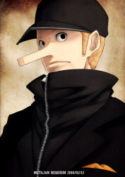 Rule 34 | 1boy, baseball cap, black eyes, black hat, black jacket, blonde hair, closed mouth, commentary request, dated, hat, jacket, k-suwabe, kaku (one piece), long nose, male focus, one piece, short hair, sideburns, solo, zipper