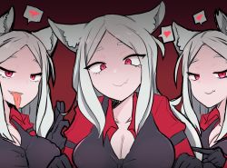 Rule 34 | 3girls, animal ears, armband, black gloves, black vest, breasts, cerberus (helltaker), cleavage, closed mouth, collared shirt, demon girl, dog ears, dog girl, fang, fangs, formal, gloves, hands up, heart, helltaker, large breasts, long hair, long sleeves, looking at viewer, looking down, matching outfits, monster girl, multiple girls, open mouth, pointing, pointing at another, pointing to the side, red eyes, red shirt, shiming liangjing, shirt, siblings, simple background, sisters, smile, smirk, speech bubble, suit, tail, tongue, tongue out, triplets, twins, vest, waistcoat, white hair