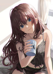 Rule 34 | 1girl, babydoll, bare shoulders, black babydoll, black panties, blue eyes, blush, breasts, brown hair, cleavage, closed mouth, collarbone, cup, curtains, eyes visible through hair, fingernails, head tilt, highres, holding, holding cup, ichinose shiki, idolmaster, idolmaster cinderella girls, indoors, lace, lace trim, lingerie, long hair, looking at viewer, midriff, mug, negligee, panties, pray (furei), sitting, small breasts, smile, solo, underwear, window