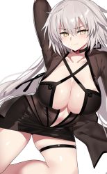 Rule 34 | 1girl, ahoge, arm behind head, arm up, black dress, blush, breasts, center opening, choker, cleavage, closed mouth, collarbone, criss-cross halter, dress, fate/grand order, fate (series), halterneck, highres, jeanne d&#039;arc (fate), jeanne d&#039;arc alter (avenger) (fate), jeanne d&#039;arc alter (fate), kneeling, large breasts, long hair, long sleeves, looking at viewer, ndgd, short dress, silver hair, simple background, thigh strap, thighs, very long hair, white background, yellow eyes