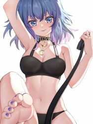 Rule 34 | 1girl, barefoot, blue eyes, blue hair, breasts, cleavage, feet, hanakele, highres, leash, light blush, long hair, looking at viewer, medium breasts, parted lips, soles, solo, toes