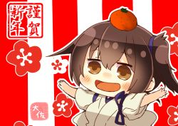 Rule 34 | 1girl, :d, artist name, brown eyes, brown hair, commentary request, food, food on head, fruit, fruit on head, hair between eyes, happy new year, japanese clothes, kaga (kancolle), kanji, kantai collection, mandarin orange, new year, object on head, open mouth, outstretched arms, short hair, side ponytail, smile, solo, spread arms, taisa (kari), tasuki