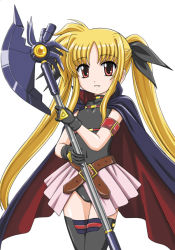 Rule 34 | 10s, 1girl, arm belt, bardiche (axe form) (nanoha), bardiche (nanoha), belt, black gloves, blonde hair, cape, cowboy shot, fate testarossa, fate testarossa (movie 1st form), female focus, gloves, hair ribbon, long hair, looking at viewer, low-tied long hair, lyrical nanoha, magical girl, mahou shoujo lyrical nanoha, mahou shoujo lyrical nanoha the movie 1st, parted lips, pleated skirt, red eyes, ribbon, skirt, smile, solo, standing, thighhighs, twintails, very long hair, wan&#039;yan aguda, white background