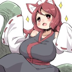 Rule 34 | 1girl, ahoge, animal ear fluff, animal ears, bad id, bad pixiv id, bare shoulders, black kimono, blush, breasts, cat ears, collarbone, commentary request, detached sleeves, japanese clothes, kemurikusa, kimono, large breasts, long hair, long sleeves, looking at viewer, midori (kemurikusa), open mouth, red eyes, red hair, ribbon-trimmed sleeves, ribbon trim, ritsu (kemurikusa), simple background, sleeveless, sleeveless kimono, sleeves past fingers, sleeves past wrists, solo, sparkle, u-non (annon&#039;an), white background, white sleeves
