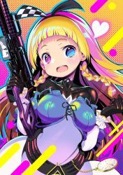 Rule 34 | 1girl, alice soft, alyce (dohna dohna), assault rifle, black bodysuit, black gloves, black hairband, blonde hair, blue eyes, blunt bangs, bodysuit, braid, breasts, character request, collarbone, commentary request, copyright request, detached sleeves, dohna dohna issho ni warui koto o shiyou, dress, earrings, gloves, gun, hairband, heart, heterochromia, highres, jewelry, long hair, looking at viewer, medium breasts, open mouth, pocket watch, rifle, side braids, skin tight, solo, strapless, strapless dress, tatsuya (trypaint), teeth, trigger discipline, twin braids, upper teeth only, watch, weapon, white sleeves, wrist cuffs