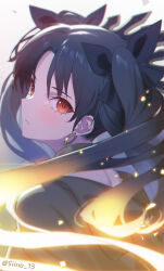 Rule 34 | 1girl, black hair, black ribbon, blush, chromatic aberration, closed mouth, dual persona, earrings, ereshkigal (fate), fate/grand order, fate (series), floating hair, glowing, glowing hair, highres, hoop earrings, ishtar (fate), jewelry, long hair, looking at viewer, looking back, nape, orange eyes, red eyes, ribbon, siino, solo, tiara, transformation, twintails