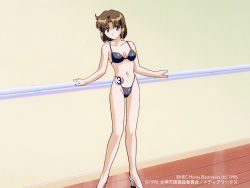 Rule 34 | 1990s (style), 1996, 1girl, bikini, black bikini, blue eyes, breasts, brown hair, cleavage, closed mouth, high heels, indoors, lilith (megami paradise), looking at viewer, megami paradise, navel, official art, parted bangs, retro artstyle, short hair, solo, standing, swimsuit, white footwear, wooden floor, yamauchi noriyasu