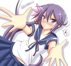 Rule 34 | 10s, 1girl, akebono (kancolle), armpit peek, bell, blush, flower, foreshortening, hair bell, hair flower, hair ornament, jingle bell, kantai collection, long hair, looking at viewer, lying, midriff peek, on back, outstretched arms, purple eyes, purple hair, reaching, reaching towards viewer, side ponytail, skirt, solo, tamayan, very long hair