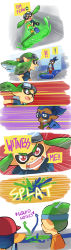 Rule 34 | 2boys, 2girls, glasses, goggles, gomipomi, gradient background, highres, inkling, inkling boy, inkling girl, inkling player character, mad max, mad max: fury road, multiple boys, multiple girls, nintendo, paint roller, splat roller (splatoon), splatoon (series), splatoon 1, striped, striped background