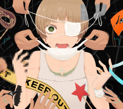 Rule 34 | 1girl, bandages, bandaid, bandaid on hand, brown hair, caution tape, censored, disembodied hand, eyepatch, green eyes, jpeg artifacts, keep out, looking at viewer, marker, mask, medical eyepatch, mosaic censoring, mouth mask, open mouth, original, short hair, solo focus, star (symbol), surgical mask, viewfinder, wand, yajirushi (chanoma)