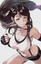 Rule 34 | 1girl, armpits, bare shoulders, belt, black gloves, black hair, black shorts, black skirt, blush, breasts, brown eyes, brown hair, cleavage, clenched hand, closed mouth, collarbone, commentary request, cowboy shot, crop top, earrings, elbow gloves, final fantasy, final fantasy vii, fingerless gloves, floating hair, gloves, grey background, jewelry, large breasts, leaning forward, light particles, long hair, looking at viewer, low-tied long hair, midriff, miniskirt, navel, pencil skirt, red eyes, salmon88, shirt, short shorts, shorts, sidelocks, simple background, skirt, sleeveless, sleeveless shirt, smile, solo, suspender skirt, suspenders, tank top, taut clothes, taut shirt, thighs, tifa lockhart, very long hair, white background, white shirt