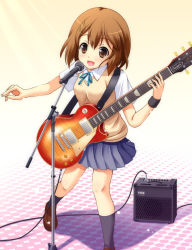 Rule 34 | 00s, 1girl, amplifier, bad id, bad pixiv id, blush, brown eyes, brown hair, cable, electric guitar, female focus, gibson les paul, guitar, hair ornament, hairclip, hirasawa yui, instrument, k-on!, lights, loafers, microphone, microphone stand, music, plectrum, school uniform, shoes, short hair, singing, socks, solo, sparkle, uehara yukihiko, wristband