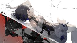 Rule 34 | 2girls, absurdres, antenna hair, bare shoulders, black dress, blue hair, chain, closed eyes, closed mouth, crack, different reflection, dress, dual persona, hair between eyes, highres, honkai (series), honkai impact 3rd, looking at viewer, lying, multiple girls, on back, red background, red eyes, red hair, reflection, seele (alter ego), seele vollerei, seele vollerei (stygian nymph), short hair, sleeveless, sleeveless dress, thighhighs, two-tone background, white background, white dress, white legwear, yukizawa xueze