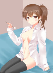 Rule 34 | 10s, 1girl, alternate costume, amakusa shio, artist name, black thighhighs, blush, breasts, brown eyes, brown hair, cleavage, collared shirt, kaga (kancolle), kantai collection, light smile, long sleeves, mimikaki, naked shirt, navel, no panties, open clothes, open shirt, shirt, side ponytail, signature, sitting, sleeves past wrists, solo, thighhighs, white shirt