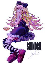 Rule 34 | 1girl, absurdres, black bow, black dress, blonde hair, bow, character name, doughnut, dress, food, hair bow, highres, legwear garter, licking lips, long hair, looking at viewer, lying, monogatari (series), on side, oshino shinobu, over shoulder, pointy ears, s0ul20, signature, solo, strap slip, striped clothes, striped thighhighs, thighhighs, tongue, tongue out, waist bow, white background, yellow eyes
