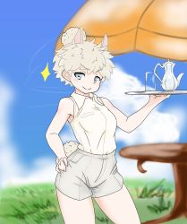 Rule 34 | &gt;:), 10s, 1girl, adapted costume, alpaca ears, alpaca suri (kemono friends), alpaca tail, alternate costume, alternate hairstyle, animal ears, armpit peek, bare arms, bare legs, bare shoulders, blonde hair, blue eyes, breast pocket, closed mouth, collared shirt, commentary request, contemporary, cowboy shot, cup, day, drinking glass, extra ears, graphite (medium), grass, hand on own hip, hand up, highres, holding, holding tray, horizontal pupils, kemono friends, looking at viewer, nat (gsx-r1300), outdoors, platinum blonde hair, pocket, shirt, short hair, shorts, sleeveless, sleeveless shirt, smile, solo, standing, table, tail, teapot, traditional media, tray, v-shaped eyebrows, wing collar