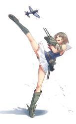 Rule 34 | 10s, 1girl, aircraft, airplane, blue eyes, boots, brown hair, didloaded, full body, gloves, hair ornament, hairclip, high kick, kantai collection, kicking, machinery, maya (kancolle), open mouth, sbd dauntless, short hair, solo, turret