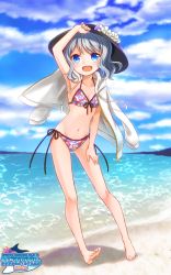 Rule 34 | 1girl, barefoot, beach, bikini, blue eyes, breasts, cleavage, cloud, day, front-tie top, grey hair, hand on thigh, hat, hood, hoodie, jacket, looking at viewer, nail polish, open clothes, open jacket, open mouth, original, outdoors, short hair, shuu (syuuuuuuuuuu), side-tie bikini bottom, sky, small breasts, solo, swimsuit, toenail polish, toenails