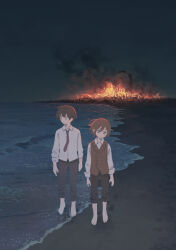 Rule 34 | 2boys, barefoot, beach, black pants, blue eyes, brown vest, burning, closed mouth, collared shirt, commission, fire, footprints, highres, long sleeves, muji (uimss), multiple boys, necktie, night, night sky, original, pants, red necktie, sand, shirt, short hair, skeb commission, sky, smoke, standing, tentacles, vest, waves, white shirt