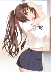 Rule 34 | 1girl, arms up, bad id, bad pixiv id, black ribbon, black skirt, blurry, blurry background, breasts, brown hair, closed mouth, depth of field, hair tie, hair tie in mouth, large breasts, long hair, midriff peek, mouth hold, navel, neck ribbon, original, pleated skirt, ponpon (tosico), ponytail, red eyes, ribbon, sailor collar, school uniform, serafuku, shirt, short sleeves, skirt, solo, tying hair, very long hair, white sailor collar, white shirt, window