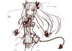 Rule 34 | 1girl, astarotte ygvar, bare shoulders, blush, bow, demon tail, hair bow, long hair, lotte no omocha!, monochrome, panties (pantsu-pirate), pointy ears, sketch, smile, solo, tail, thighhighs, twintails, wrist cuffs