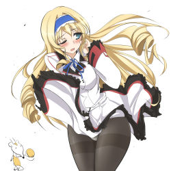 Rule 34 | 10s, 1girl, adjusting hair, antlers, black pantyhose, blonde hair, blue eyes, blush, cecilia alcott, chidejika, clothes lift, covering crotch, covering privates, deer antlers, drill hair, embarrassed, frills, hairband, hand fan, horns, infinite stratos, japan commercial broadcasters association, long hair, momio, one eye closed, open mouth, panties, panties under pantyhose, pantyhose, ribbon, simple background, skirt, skirt lift, skirt tug, solo, thighband pantyhose, thighs, twin drills, twintails, underwear, uniform, upskirt, very long hair, white panties, wind, wind lift, wink