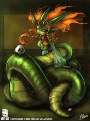 Rule 34 | 14-bis, 1girl, breasts, clump, covered erect nipples, detached sleeves, green theme, horns, jolly jack, lamia, large breasts, monster girl, nipples, non-web source, orange hair, pointy ears, queen, red eyes, red hair, skull, snake, solo, tongue, watermark