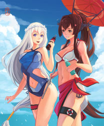 Rule 34 | 10s, 2girls, :d, anchor, bikini, blue sky, bottle, breasts, bridal garter, brown eyes, brown hair, casual one-piece swimsuit, cleavage, clothing cutout, cloud, coca-cola, crossover, day, hair intakes, head wreath, headgear, highres, holding, holding bottle, kantai collection, lifebuoy, long hair, looking at another, looking at viewer, low-tied long hair, multiple girls, nail polish, navel, navel cutout, oil-paper umbrella, one-piece swimsuit, open mouth, original, outdoors, pacific (kancolle), parted lips, personification, ponytail, purple eyes, ramune, red eyes, sarong, scrunchie, signature, sima naoteng, sky, smile, soda bottle, standing, sunlight, swim ring, swimsuit, thigh strap, umbrella, uss missouri (bb-63), very long hair, white hair, yamato (kancolle)