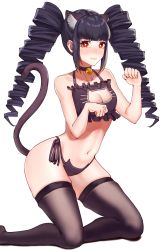 Rule 34 | 1girl, absurdres, animal ears, warrior of light (ff14), bare arms, bare shoulders, bell, black bra, black hair, black panties, blush, bra, breasts, bright pupils, brown thighhighs, cat cutout, cat ears, cat lingerie, cat tail, character request, choker, cleavage, closed mouth, clothing cutout, commission, cozyu, drill hair, embarrassed, final fantasy, final fantasy xiv, highres, jingle bell, kneeling, looking at viewer, meme attire, navel, neck bell, panties, paw pose, red eyes, side-tie panties, simple background, skindentation, small breasts, solo, tail, tail raised, thighhighs, twin drills, underwear, white background, white pupils