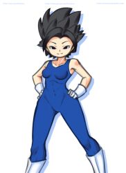 Rule 34 | 1girl, black eyes, black hair, blue bodysuit, bodysuit, boots, breasts, caulifla, collarbone, dragon ball, dragon ball super, drantyno, gloves, hands on own hips, highres, looking at viewer, saiyan, short hair, small breasts, smile, spiked hair, standing, white background, white footwear, white gloves