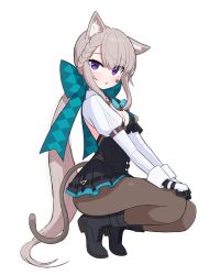 Rule 34 | 1girl, animal ear fluff, animal ears, bebetang, black dress, black footwear, black gloves, blush, boots, breasts, brown hair, brown pantyhose, cat ears, cat girl, cat tail, cleavage, cross-laced footwear, dress, facial mark, full body, genshin impact, gloves, highres, juliet sleeves, lace-up boots, long sleeves, looking at viewer, low ponytail, lynette (genshin impact), medium breasts, pantyhose, parted lips, pleated dress, ponytail, puffy sleeves, purple eyes, simple background, solo, squatting, star (symbol), tail, tiptoes, uneven eyes, white background, white gloves